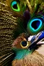 Placeholder: head of mythical peacock with metallic gold feathers black background ultra high detailed sharp focus