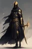 Placeholder: A commander with a black cloak and a long coat with long combat boots and a long spear with his Helmet is golden under his cloak like assasins