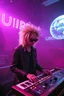 Placeholder: French cool synth player with crazy techno acid hair, he is called "Jean-Maurice Brûlée" performing at dance club, his name is "Jean-Maurice Brûlée" , white and purple Neon lights and purple smog, and "URINIUM" big sign on the wall, he is playing on synthesizers on stage with lot of laser beams and wearing black sunglasses, an earth is projected in background