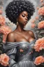 Placeholder: Create an expressive oil painting art image of a curvy black female wearing a grey off the shoulder blouse and she is looking down with Prominent makeup. Highly detailed tightly curly black afro. Background of large peach and grey flowers surrounding her