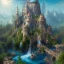 Placeholder: New Land by Einstein with waterfalls, 3d, high detail, symbols, 4k, ray traing, render, future punk, steam punk, magic in blue colors