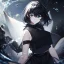 Placeholder: Clear focus,High resolution, black short fluffy hair, long fluffy bangs, and dark blue eyes, Depressed girl, wearing a black short shirt with a black sleeveless crop top, dark aura, controlling water, in a black room