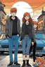 Placeholder: Two teenage brothers with ginger hair plus a teenage punk girl with dark hair are standing in characteristic book cover-style poses. Three black cats walk with them. They are young amateur detectives. The town street with a white van in the background, a mysterious atmosphere