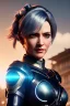 Placeholder: Middle age female Cyborg anime warrior, gray hair with dark blue hair, ponytail hairstyle, orange eyes, waist up portrait,4k resolution, intricate details, ornate details, soft lighting, vibrant colors, retroanime, masterpiece, intricate eyeliner, dark eyeshadow, futuristic cityscape background