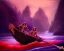 Placeholder: sango fantasy, fantasy magic, intricate, sharp focus, illustration, highly detailed, digital painting, concept art, matte, Greek mythology Charon ferryman, skeleton in full length cape, in boat on river styx, sharp jagged rocks, red purple blue colours, red hot lava river