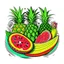 Placeholder: A tropical fruit platter with pineapple and watermelon slices, vibrant, refreshing, overhead lighting, T-shirt design graphic, vector, contour, white background