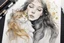 Placeholder: long haired woman with cat, white watercolor and black ink, golden glitters