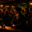 Placeholder: a single figure in a crowded bar at night, young people, dark colors, rembrandt style