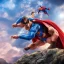 Placeholder: pig with superman looking from top of a mountain, realistic, movie style