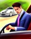 Placeholder: Man in suit, sitting at the wheel of his car, looking exhausted, tie untied, chin thinning , mystical, fantasy, romanticism, pastel colors, acrylic painting, detailed, soft focus,