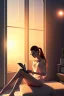 Placeholder: Beautiful, thin young woman, Arab home clothes, wavy hair, sitting on an office chair, reading a novel, next to a window, outside the window is sunset , 8k, finely detailed, photo realistic.