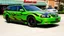 Placeholder: suped up 2004 chevy impala stationwagon green with black flames outlined with a thin red pinstripe, in front of Sam's club, SuperSport car, impressive, VIP, award winning, detailed