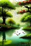 Placeholder: Water channel is running, birds are flying, raining, trees with flower, scene is like haven