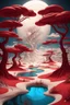 Placeholder: A stunning forest with tree made out of plastics and a lake of white sands ad water, surreal, Dali, Van Gogh, fine line art styles , fantasy world ,3D , 8k, dim lighting and clouds is fume, dark red colors