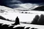 Placeholder: in the distance side a wiev a figure in dark clothes and long black leather coat lies on his back in the snow and looks the sky in a winter landscape, alone, white snow, high contrast, cold, winter, mountains, white, blue, gray and black colors, cinematic, atmospheric, dark, gloomy, best shot