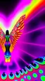 Placeholder: close up of a psychedelic angel flying in a magic forest full of coloured mushrooms, fluorescent, ultra detailed, photorealistic, Android Jones style