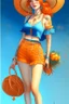 Placeholder: Full body of beautiful girl nami, Hair Color: Orange, Style: Wavy, Outfit Top: Blue, Outfit Bottom: Orange, Shoes: Brown, Accessories: Tangerine, Weapon: Clima-Tact, Hat: Straw, Tattoo: Pinwheel, Earrings: Hoops, sophisticated,, beautiful woman, hyper realistic, hyperrealism, photoreal, realistic, photorealistic, soft pastels, full-body, standing, long shot, wide angle, aesthetic