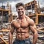 Placeholder: Hyper Realistic photographic-view of a Handsome-muscular-shirtless male construction worker with brown-hair-&-attractive-black-eyes giving-attractive-smile-&-posing at a construction-site with his tools at cloudy-day showing dramatic & cinematic ambiance