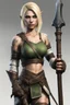 Placeholder: A female bosmer barbarian from Skyrim with dark brown eyes, blonde, short hair, holding orcish maul in hands, in the style of Tite Kubo's Bleach