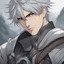 Placeholder: A stunningly detailed (((headshot portrait))), capturing the essence of a young man in his 20s with silver hair and piercing gray eyes, exuding a sense of confidence and protection, anime realism style