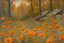 Placeholder: Cloudy day, orange flowers, rocks, forest, gothic horror influence, disturbing, people, mistery, friedrich eckenfelder and alfred stevens impressionism paintings