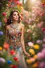 Placeholder: Photograph Beautiful woman wearing dress made of colors diamonds shapire and jewels in a flowergarden