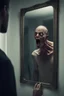 Placeholder: a man looking into a mirror and seeing a horrifying, monstrous reflection