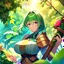 Placeholder: A gorgeous tanned anime girl in green and wooden armor with long ((green)) hair), master of the plant element, holding a wooden plant magical weapon, sape plants, vines, tropical flowers, leaf, leaves, exotic fruits, tropical forest, trees