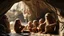 Placeholder: Neanderthal family living in a luxurious cave, stone age technology, happy children, animal skin clothing, colour photograph