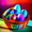Placeholder: digital photograph of off-center modern basket colorful Easter eggs. eggs display intricate textures in azure, emerald, blush,red, crimson,gold, sapphire,metallic cinematic HDR backlighting highlights subtle dimples and glossy reflections, with shallow depth of field softening the sunlit background. hyperrealistic 8k resolution,