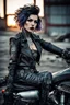 Placeholder: tattooed vampire girl showing fangs with short cropped curly cyberpunk hair in motorcycle leathers in an abandoned steel refinery at dusk