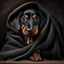 Placeholder: Disney style picture of a black and tan short hair dachshund puppy of 7 months. wrapped up in a blanket, more black than tan