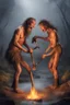 Placeholder: Create an image of two prehistoric human characters in an early Stone Age setting, surrounded by a dusky, misty environment suggestive of early morning. One character is bending over, inadvertently creating a stream of fire from their posterior, a humorous play on the discovery of fire. The other character, standing upright, is holding a primitive tool and laughing heartily at the scene. Both are wearing rough animal fur clothing. The scene is lighthearted, capturing a comedic moment between tw