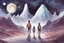 Placeholder: illustration concept art water color style for teenagers in other planet watching the moon and mountains having adventure two teenagers are walking mystery weird cretures mushroomsexiting