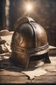 Placeholder: The Roman centurion's helmet lies on an old cracked wooden table. Next to the helmet, on the table, lies a cross on a string and a scroll of parchment. A ray of sunlight reflects off the helmet. All around is the entourage of ancient Rome. High quality image in 8K