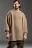 Placeholder: Man's large and long and beige knitted jumper in square shape and bell shape sleeves