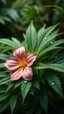 Placeholder: create a plant Marijuana and focus on a group of leaves, with big flower, they have some water drops but no too exagerated, make the photo nearer and the water frops bigger, the background is like in a jungle