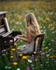 Placeholder: Beautiful blond adorned sit on chair wood and playing piano in Realistic photography of a field of wildflowers, soft natural lighting, vibrant colors, intricate details,peaceful and serene atmosphere.