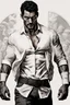 Placeholder: David Gandy Very muscular man short cropped hair and rough beard, tribal tattoos wearing white button up shirt, realistic face, close-up, dark fantasy, interrogation room, intricate details, hyper detailed