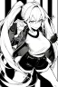 Placeholder: blonde girl with ponytails dressed in a jacket and shorts walks angry, greyscale