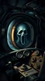 Placeholder: inside a dark submarine , paint it in the baroque style, as if the man is horrified, with complicated dashboards with many gears . A ghost face on the window