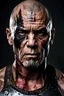 Placeholder: portrait of a 55 year old man. He's a warrior. His face is scarred and he has large scars. He has a dark and frightening look. He has salt and pepper short hair and a beard. He seems very strong. He is very muscular.