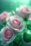 Placeholder: magic delicate pink-mint lush bouquet of roses, complex, amazing, magical delicate, mint color, sparkling dew drops, dawn, magically, in pastel transparent tones, hyperrealistic, beautiful lumen, shine, professional photo, 5d, realistic, 64k, high resolution, high detail, cgi, hyperrealism, f/16.1/300s, highly detailed digital painting, bright and juicy, photorealistic painting, solar backlight in the background, bright lighting, aesthetically pleasing, beautiful