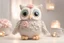 Placeholder: cute chibi plushy fluffy knitted and embroidered natural colored owl with cake in a kitchen, feathers, iridescent flowers incorporated, light emitting, bioluminescent holographic room, silver foil, sparkling diamonds, holographic raw pearls, ethereal, cinematic postprocessing