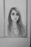 Placeholder: Pencil sketch of Young woman look through the window , Arab features,sad, long wavy hair, full body، on lined paper