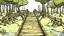 Placeholder: Cartoon style: far far away, at the end of the bridge, there is one tiny wooden house