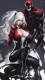 Placeholder: A close picture to Mix between Harley Quinn and venom symbiote with white hair in solo leveling shadow art style