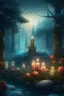 Placeholder: CANDLES ARE BURNING IN A WONDERFUL CLEARING IN A MAGICAL FOREST, THE NIGHT IS FULL MOON, SNOW, MAGIC Watercolor, double Chinese rose bush, ultra-detailed, morning, rain, greenery, beautiful landscape, fog, many details, delicate sensuality, realistic, high quality, 3d, work of art, hyperdetalization, filigree, foggy haze background, hyperrealism, professional, transparent, delicate pastel tones, back lighting, contrast, fantastic, unreal, translucent, glowing, clear lines, epic fabulous, fab