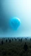 Placeholder: A field of random people at the end of the picture a blue dark aliens object , cinematic, 8k