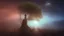 Placeholder: walking straight ahead over a wooden bridge, holding the angel of death with your right hand, entering the fog at the end of the road that leads to the afterlife, and a beautiful sunset and galaxy's behind the fog, realistic